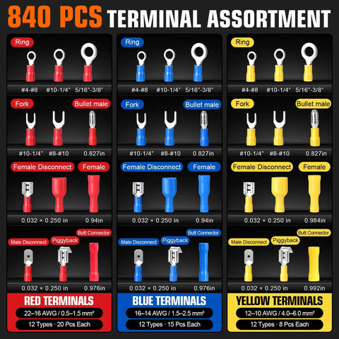 840 pcs terminal assortment including ring, fork, and bullet connectors in red, blue, and yellow for Killer 1242 Piece Wire Terminal Crimping Tool Kit That Comes Loaded with Ratcheting Crimper and Wire Stripper Cutter Offering 840 Insulated Connectors and 400 Heat Shrink Tubing Pieces for Serious Wiring Work.