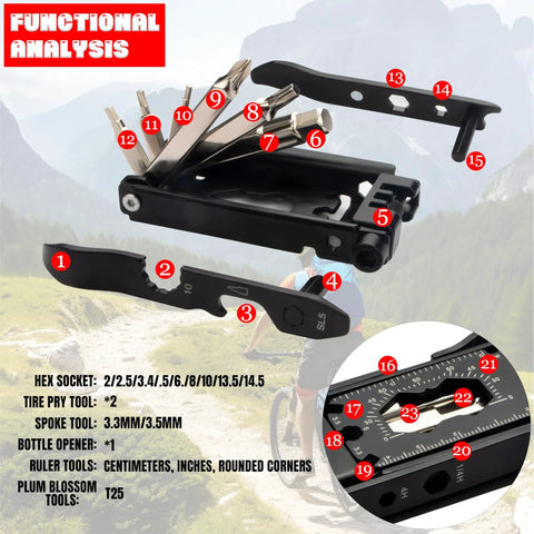 23 In 1 Bicycle Repair Tool Set Portable Magnetic Multitool with labeled parts for bike maintenance