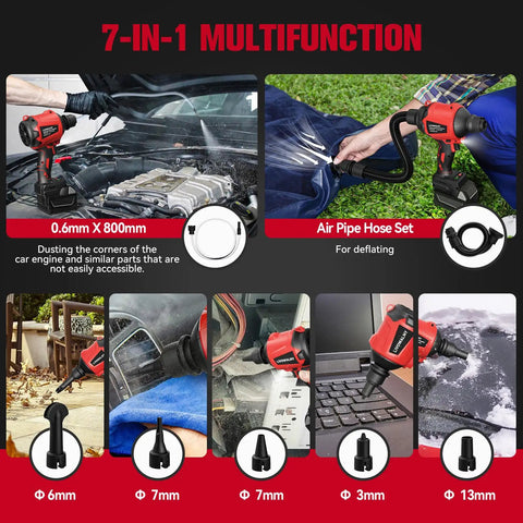 Cordless Air Blower Dust Duster For Milwaukee 18V multifunction uses and nozzle options demonstrated in workshop and outdoor settings.