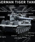 RC Military Tank Tiger I WW2 Battle Toy With IR Battle showing detailed turret, LED lights, and labeled parts on display
