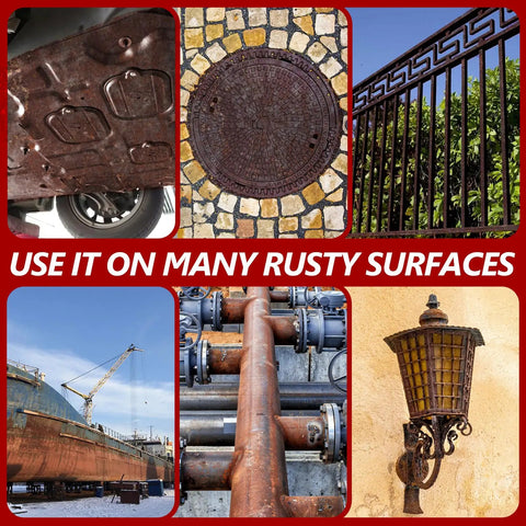 Rust Converter And Metal Primer For Metal Surfaces, 141 Fl Oz Black Rust Inhibitor Paint applied on various rusty metal surfaces