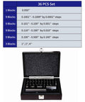 36 Piece Rectangular Gage Block Set, Steel Grade Economy for Workshop Calibration and Inspection, High Precision With Plus Or Minus 0.000050 Inch Tolerance, Includes 0.050 To 4.000 Inch Ranges For Easy, Reliable Measurements. open case with steel gage blocks and size chart