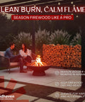 Outdoor scene with Heavy Duty Steel Firewood Rack For Indoors And Outdoors Built To Last Holds Half Cord Of 24 Inch Logs Raised Lumber Storage Keeps Firewood Dry And Ready Made In USA With Lifetime Structural Warranty without cover, next to a fire pit with a couple sitting.