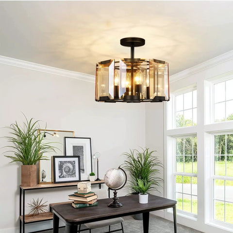 Vintage Crystal Chandelier Dope Round Wagon Wheel Frame 4 Light Matte Black Semi Flush Mount Ceiling Light For Industrial Farmhouse Bedroom Dining Room Kitchen Hallway Entrance in living room setting