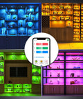 Bluetooth RGB Under Cabinet Lights Kit With Dimmable LED Puck Lamps App Control; colorful lighting in glass cabinets; app displayed
