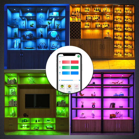 Bluetooth RGB Under Cabinet Lights Kit With Dimmable LED Puck Lamps App Control; colorful lighting in glass cabinets; app displayed