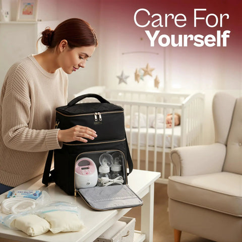 Grab And Go Breast Pump Travel Bag With Ice Pack Insulated Double Layer Leak Proof Milk Cooler Tote Fits Spectra S1 S2 And Standard Pumps Black Total Game Changer, shown on a table with breast pump and accessories.