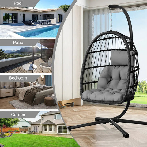 Egg Chair With Stand For Patio And Garden, Wicker Rattan Hanging Swing Hammock Seat With Thick Aluminum Frame in room