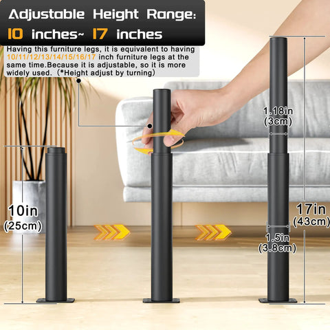 Beefy Adjustable Furniture Legs 10 To 17 Inches Heavy Duty Replacement Feet for sofas and beds, showing adjustable range, set of 4