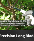 Japanese Style Keyhole Saw With Long Blade Crushing Through Wood Plywood Drywall And Gypsum Boards, cutting through branches.