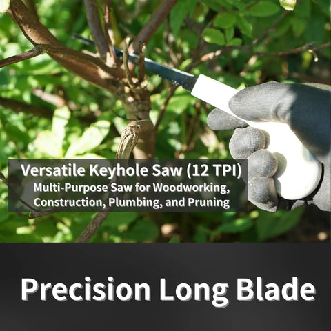 Japanese Style Keyhole Saw With Long Blade Crushing Through Wood Plywood Drywall And Gypsum Boards, cutting through branches.