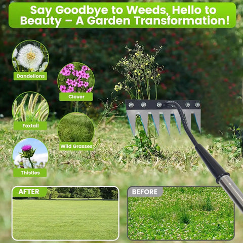 Adjustable Long Handle Garden Weeding Rake 27 To 60 Inches Heavy Duty 6 Teeth Manganese Steel Weeding Rake clearing weeds