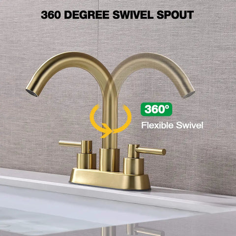 Brushed Gold 4 Inch Centerset Bathroom Faucet With Two Handles For 3 Hole Lavatory Vanity Sink Overflow Pop Up Drain CUPC Water Supply Lines Spot Resist Finish Lead Free Stainless Steel No Fuss Renovation Kit showing 360 degree swivel spout