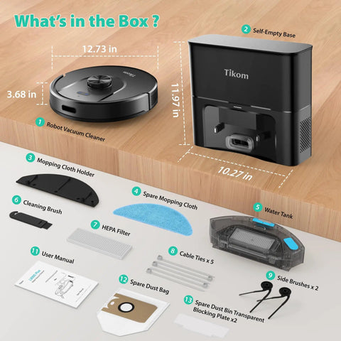 Image of Robot Vacuum And Mop With 6000Pa Suction, Self Emptying Base, LiDAR Navigation, components and accessories displayed