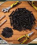 Beefy Lag Screws Kit 3/8 Inch By 3 Inch With Washers 80 Pack Black Ceramic Coated Wood Screws displayed with tools