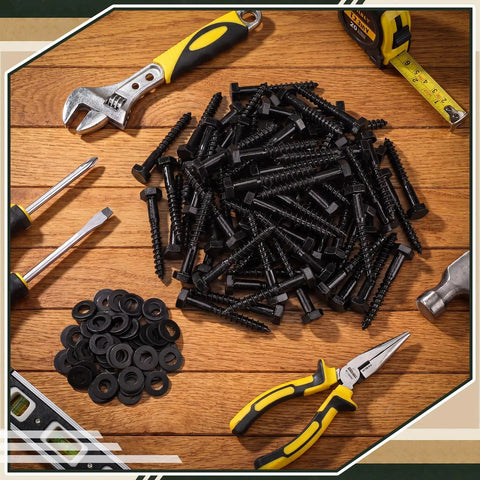 Beefy Lag Screws Kit 3/8 Inch By 3 Inch With Washers 80 Pack Black Ceramic Coated Wood Screws displayed with tools