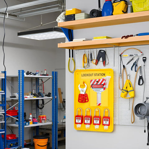 Heavy-Duty Lockout Tagout Station Kit With 4 Brass Cylinder Safety Padlocks, Hasp And OSHA Compliance Tags mounted on wall