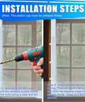 Installation steps for Premium Heavy Duty 12 Pack Window Screen Plunger Latches with coiled springs and protective caps.