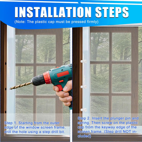 Installation steps for Premium Heavy Duty 12 Pack Window Screen Plunger Latches with coiled springs and protective caps.