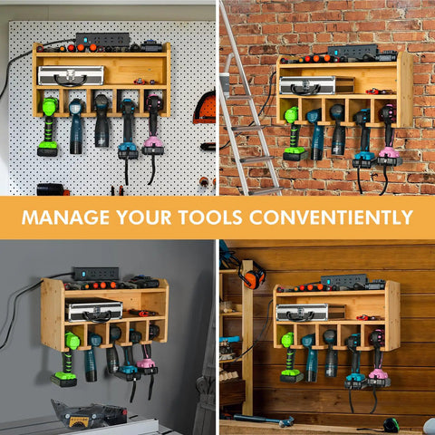 Drill Charging Station and Wall Mounted Tool Organizer for power tools displayed in various workshop settings.