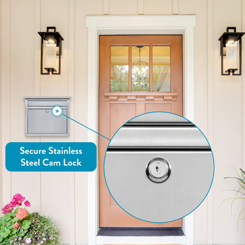Locking Wall Mount Mailbox In Brushed Stainless Steel For Outdoors With Key Drop Box and Lock Detail Next to Door
