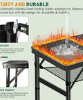 Stainless steel folding table with anti-slip and anti-rust features, shown with water and fire resistance, durable for outdoor use.