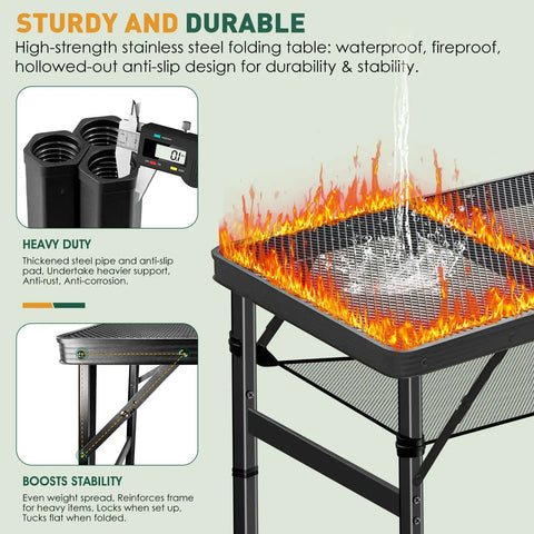Stainless steel folding table with anti-slip and anti-rust features, shown with water and fire resistance, durable for outdoor use.