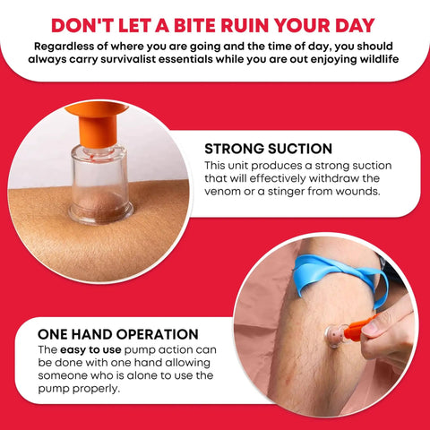 Portable First Aid Snake Bite Venom Extractor Kit Latex Free Compact Outdoor Emergency Tool for Camping Hiking and Travel with Strong Suction Grab and Go Ready in use on skin
