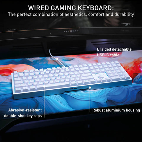 Level Up Your Daily Grind With This Renewed Wired Mechanical Keyboard Featuring Snappy Brown Switches And Vivid Rgb Lighting Built Into A Rock Solid Aluminum Alloy Design, showing key features like aluminum housing and detachable cable.