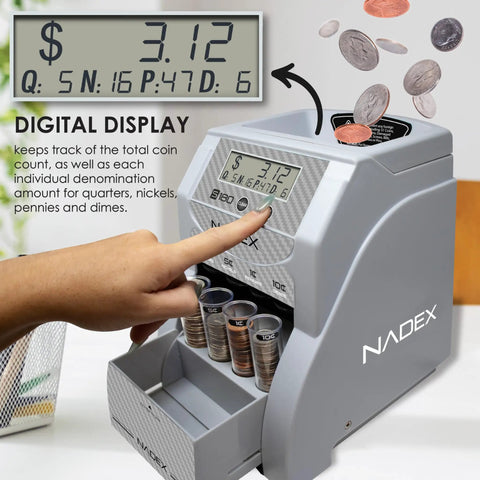 Fast Digital Coin Counter And Sorter Automatically Wrapping Loose Change At 200 Coins Per Minute displays total amount and denominations.