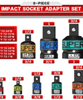 Heavy Duty Eight Piece Impact Socket Adapter Set Made From Premium Chrome Vanadium Steel with various size reductions and adaptations.