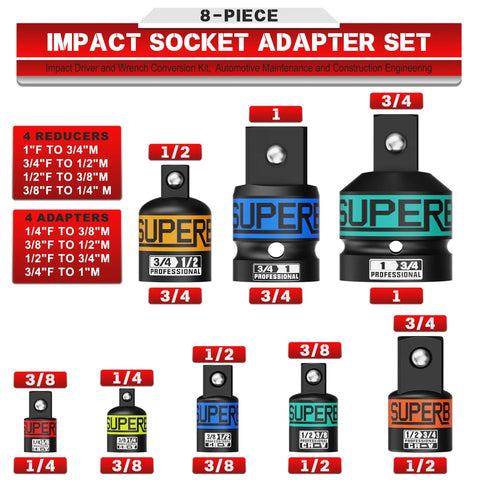 Heavy Duty Eight Piece Impact Socket Adapter Set Made From Premium Chrome Vanadium Steel with various size reductions and adaptations.