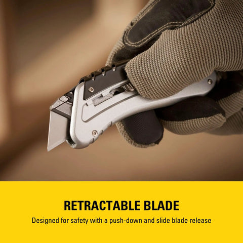 Gloved hand holding sport knife with easy blade change and one handed quick slide blade slider takes standard utility blades