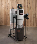 Go To Cyclone Dust Collector with 2 Micron Filter, 1.5 HP motor, 20 Gallon Drum for woodworking shops in wood-paneled room