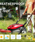 Person mowing lawn with cordless red lawnmower in cold weather using Heavy Duty Outdoor Extension Cord 200 Ft 12 Gauge 3 Conductor Waterproof with Lighted End Cold Weather Flexible 15 Amp 125V 1875W SJTW Yellow ETL Listed for Tough Jobs and Big Power Tools