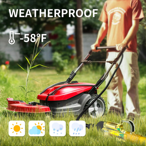 Person using lawn mower with Heavy Duty 25 Foot Outdoor Extension Cord 12 Gauge 3 Conductor SJTW Waterproof With Lighted End
