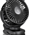 Portable Clip On Fan For Desk And Stroller, USB Rechargeable Mini Table Fan With 360 Degree Rotation, 3 Speeds, black color close-up view