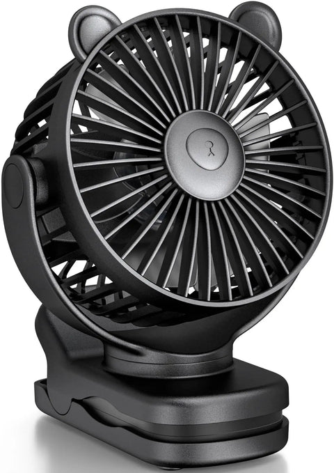 Portable Clip On Fan For Desk And Stroller, USB Rechargeable Mini Table Fan With 360 Degree Rotation, 3 Speeds, black color close-up view