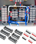 Pro Grade Dual Row Screw Terminal Block Kit with 6 Sets 4/5/6 Position Options and Jumpers, installed in electrical panel