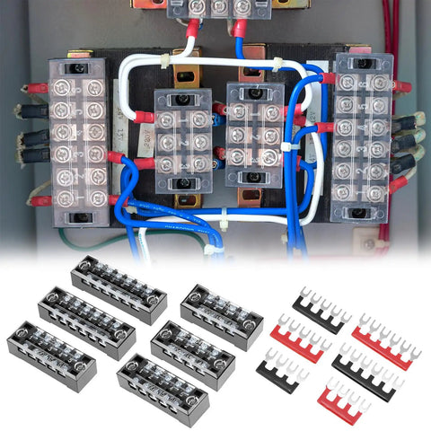 Pro Grade Dual Row Screw Terminal Block Kit with 6 Sets 4/5/6 Position Options and Jumpers, installed in electrical panel