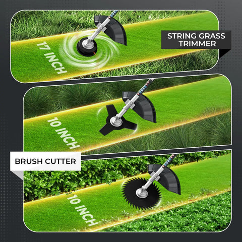 Six In One Beast Of A Gas Powered Weed Wacker Kit With 52cc 2 Stroke Engine, trimming with multiple blades and trimmer.
