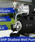 Beefy Shallow Well Pump For Home Gardens, 1.6 HP Motor, Stainless Steel Water Transfer, 115V, Matte Black, 1340 GPH Flow
