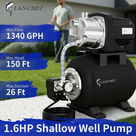 Beefy Shallow Well Pump For Home Gardens, 1.6 HP Motor, Stainless Steel Water Transfer, 115V, Matte Black, 1340 GPH Flow