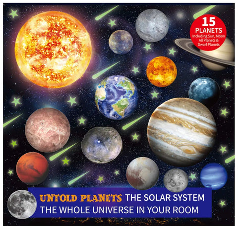 Glow In The Dark Stars And Planets Ceiling Decals Kit With Over 185 Pieces, showing 3D Solar System wall stickers for kids' room.