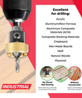 82 Degree Countersink With Depth Stop And No Thrust Ball Bearing shown drilling acrylic, aluminum, non-ferrous materials