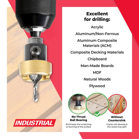 82 Degree Countersink With Depth Stop And No Thrust Ball Bearing shown drilling acrylic, aluminum, non-ferrous materials