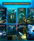 Images depicting the Ultra Bright 5000 Lumens Cordless Dive Light With 9 Degree Focused Beam in various underwater diving scenarios.
