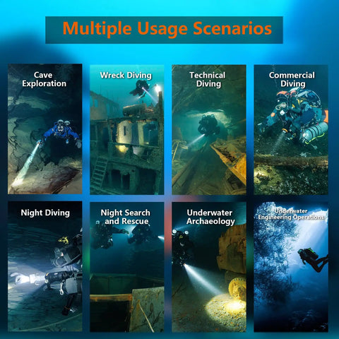 Images depicting the Ultra Bright 5000 Lumens Cordless Dive Light With 9 Degree Focused Beam in various underwater diving scenarios.