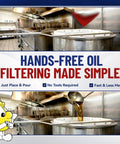 Heavy Duty Deep Fryer Oil Filter Bag And Frame For Restaurants Reusable Grease Strainer in a busy kitchen with hands-free oil filtering.