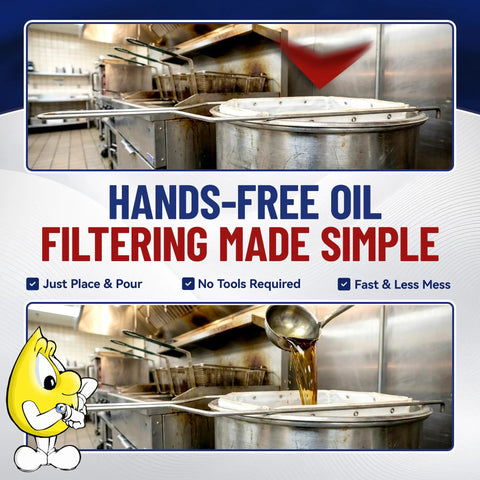 Heavy Duty Deep Fryer Oil Filter Bag And Frame For Restaurants Reusable Grease Strainer in a busy kitchen with hands-free oil filtering.